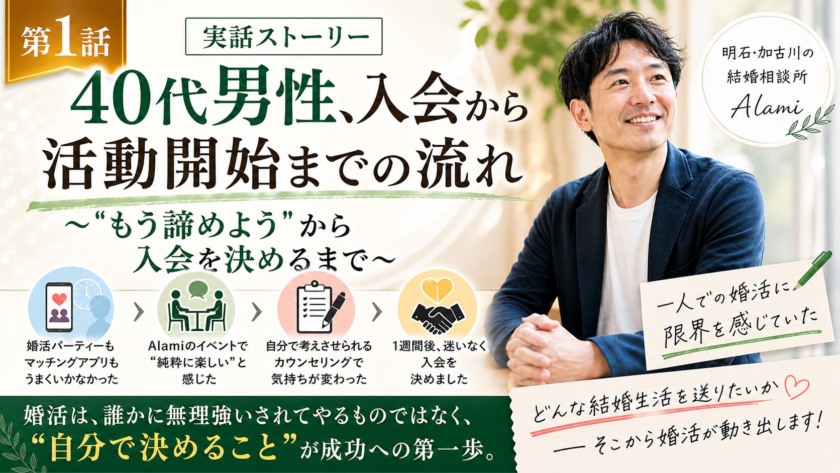 明石・加古川の結婚相談所Alamiに入会した40代男性の婚活ストーリー第1話